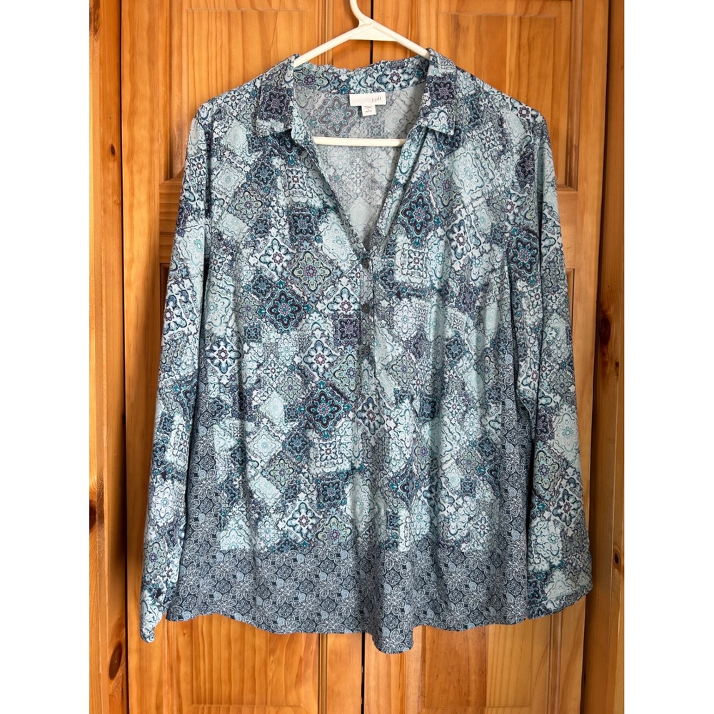 J. Jill Women's Large Petite Blue Geometric Print‎ Popover Blouse Tunic NWOT